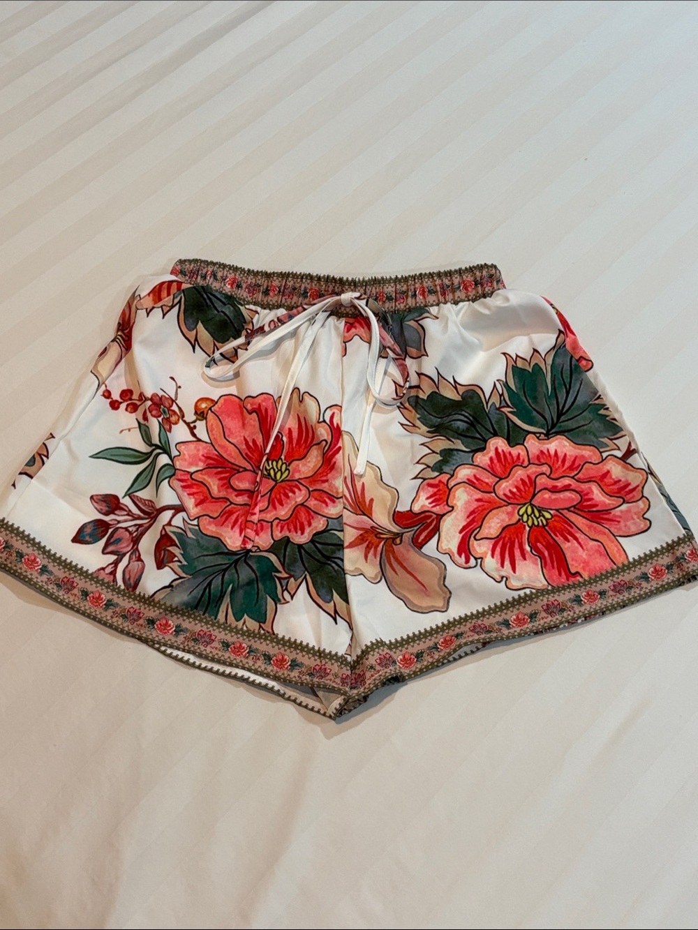SHEIN White Satin Shorts with Coral Floral Print